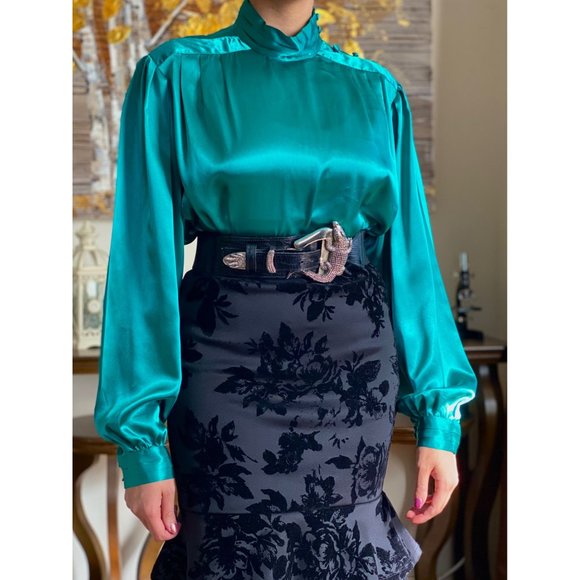 SOLD (VINTAGE) 80's Notations Green Satin Mock Neck Long Sleeve Blouse (12) - Picture 1 of 6